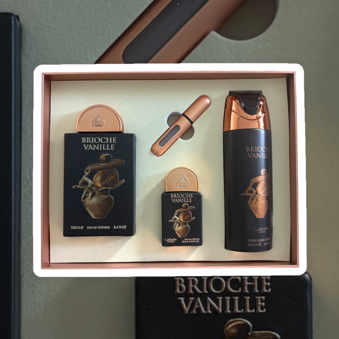 Coffret Lattafa Pride Brioche Vanille : un parfum 100 ml , un parfum 20 ml , un déodorant 200 ml et un échantillon à remplir