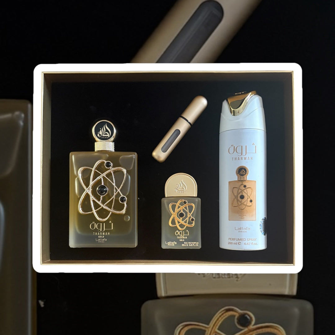 Coffret Lattafa Pride Tharwah gold : un parfum 100 ml , un parfum 20 ml , un déodorant 200 ml et un échantillon à remplir