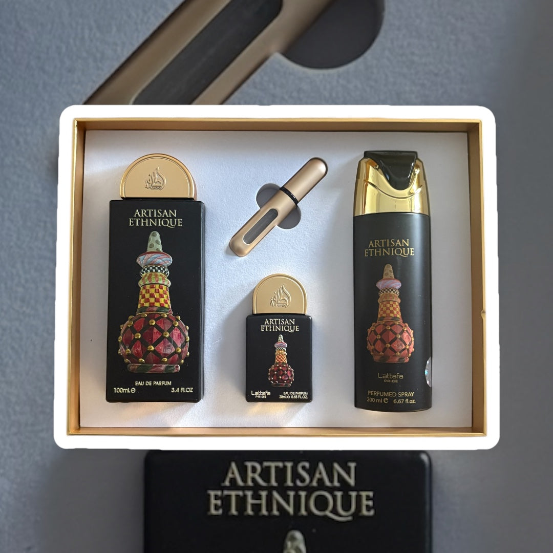 Coffret Lattafa Pride Artisan Ethnique : un parfum 100 ml , un parfum 20 ml , un déodorant 200 ml , un échantillon à remplir