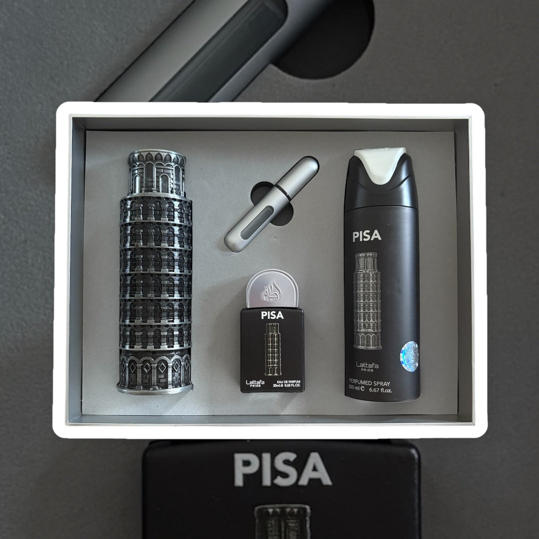 Coffret Lattafa Pride Pisa : un parfum 100 ml , un parfum 20 ml , un déodorant 200 ml et un échantillon à remplir