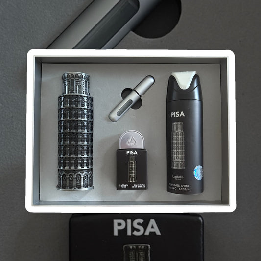 Coffret Lattafa Pride Pisa : un parfum 100 ml , un parfum 20 ml , un déodorant 200 ml et un échantillon à remplir