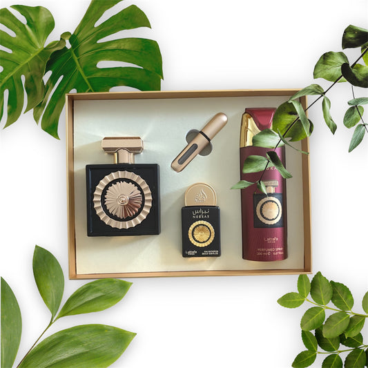 Coffret Lattafa Pride Nebras : un parfum 100 ml , un parfum 20 ml , un déodorant 200 ml et un échantillon à remplir